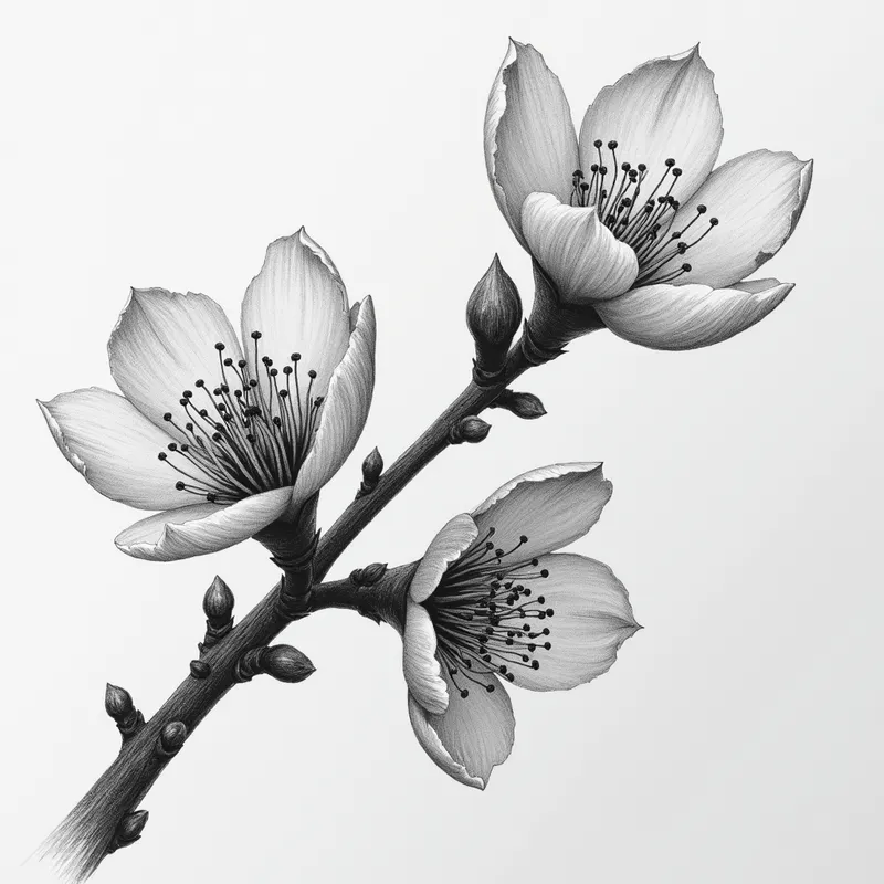 Pencil Study: Cherry Blossoms - grayscale detailed realistic pencil drawing of cherry blossoms - AI image generated with Photorealistic 2