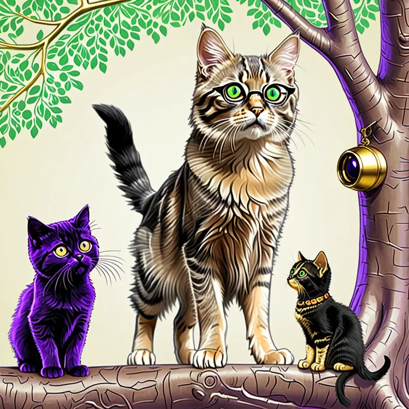 Pencil-Style Chat: Kitten, Cat, Dog, Owl - createra a image of a brown and gray tabby kitten with gold eyes standing with a adult black cat with green eyes talking to a golden retriever add a purple owl in a tree with round glasses joining the conversation
- AI image generated with Fictional - pencil drawing, high resolution digital art style