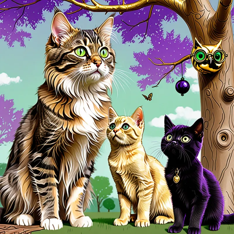 Pencil: Tabby Kitten, Cat, Dog & Owl - createra a image of a brown and gray tabby kitten with gold eyes standing with a adult black cat with green eyes talking to a golden retriever add a purple owl in a tree with round glasses joining the conversation
- AI image generated with Fictional - pencil drawing, high resolution digital art style