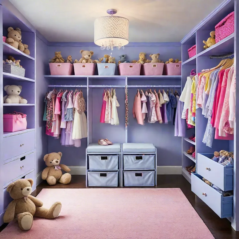 Periwinkle Dream Closet - A dreamy closet scene for a girl's room, featuring a mix of casual and dressy periwinkle outfits, shoes, and accessories, accented with playful elements like stuffed animals and colorful storage bins. - AI image generated with Photorealistic