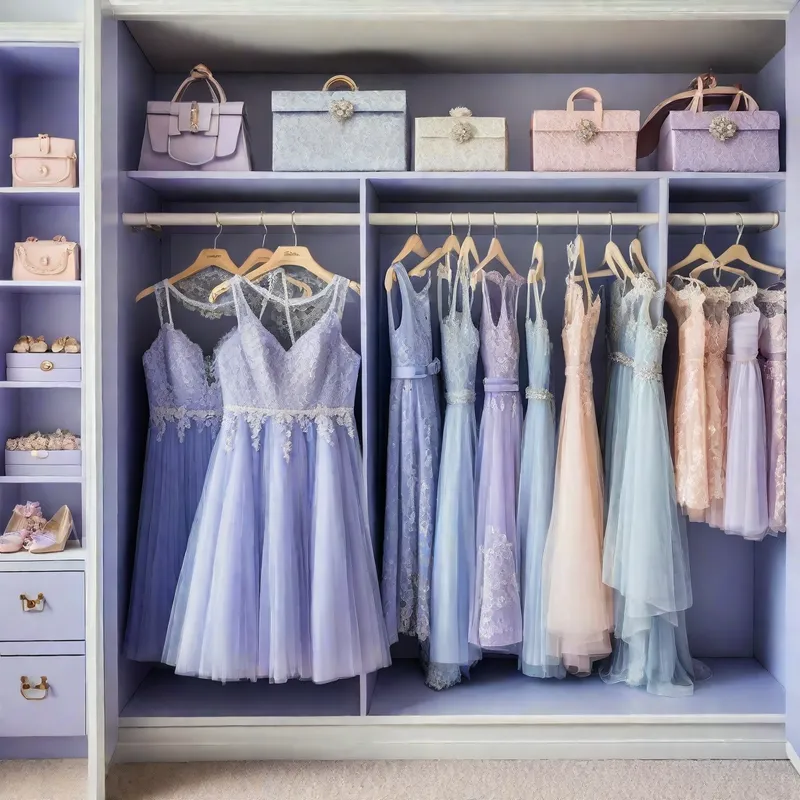 Periwinkle Princess Wardrobe - An elegant closet fit for a young princess, showcasing beautiful periwinkle dresses, delicate lace, and shimmering jewels organized neatly on pastel-colored hangers and shelves. - AI image generated with Photorealistic