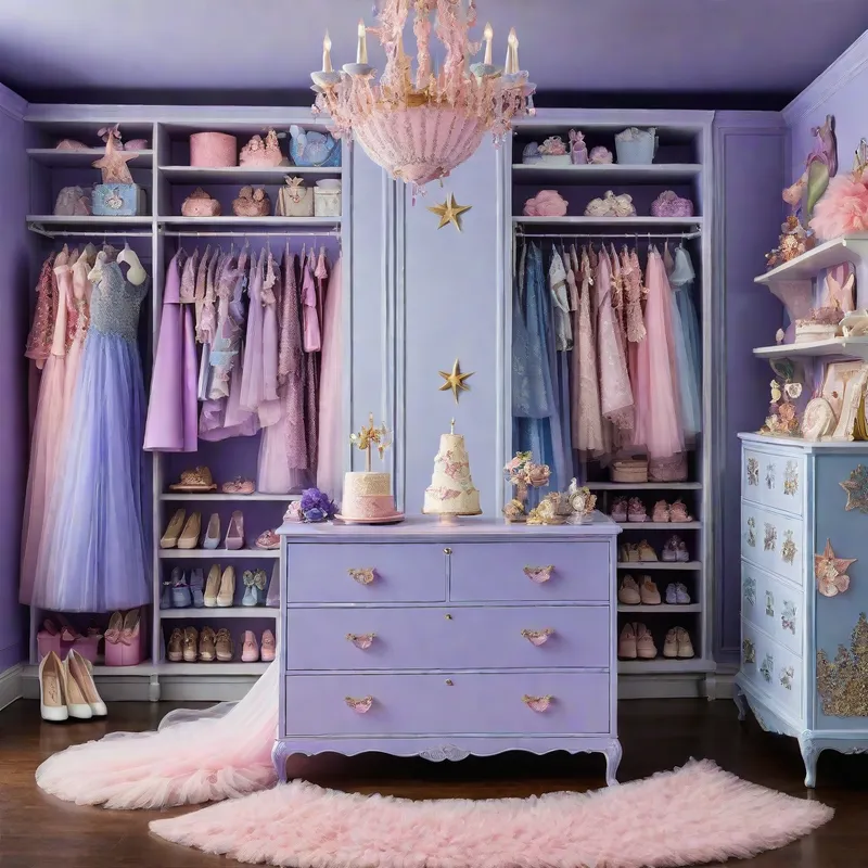 Periwinkle Wonderland - A whimsical, wonderland-themed closet filled with periwinkle clothing and fantasy-inspired items, including capes, tutus, and other enchanting garments, alongside imaginative decorations like stars and moon motifs. - AI image generated with Photorealistic