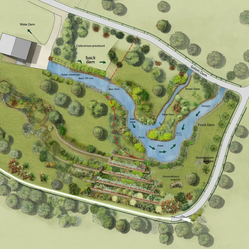Permaculture Site Plan with Water Flow - A highly detailed, realistic, top-down site plan of a 140m x 50m block designed for a permaculture property in Regency Downs. Show the following: bitumen driveways, Colorbond (monument color) fences around the property, and a matching Colorbond back shed (6x9 meters, three roller doors and one pedestrian door at the front, monument color) sited in the top left corner. Display a centrally located house pad with realistic terraces made from block retaining walls, spaced by 1.5m, descending from the shed to the house. Show native plants and landscaping typical for the region. Include a back dam (behind the shed, oval/kidney-shaped, with visible filter layers), a creek flowing from the back dam through the terraces and vegetation, a naturalistic swim pond mid-slope, and a front dam at the lower right corner with visibly distinct filtration and pump system. Use arrows and subtle labels to indicate the closed-loop water flow: front dam → solar pump → back dam → creek → swim pond → front dam. Bicton-like water bodies with realistic reflections and natural outlines. Ensure all site elements (structures, vegetation, water flows) are cleanly drawn and visually distinct for planning. No vehicles or people. Clear and uncluttered layout for use as a planning reference. - AI image generated with Imagen 3