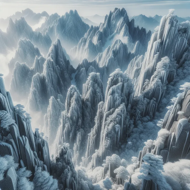 Permafrost Peaks - Towering mountain peaks covered in a dense layer of frost, with icy winds blowing through the frozen landscape. - AI image generated with Art