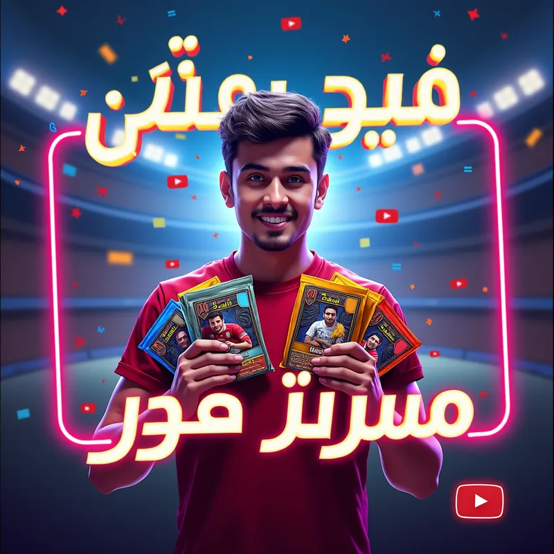 Persian Product Showcase Thumbnail - Design a vibrant YouTube thumbnail with Persian text in bold, modern, and attractive fonts. The thumbnail should feature a central figure holding colorful products (like collectible card packs). Surround the figure with bright elements, and include a Persian text at the top or bottom that says: 'کدوم رنگ بهتره؟'. Use a dynamic stadium background and a glowing outline around the main elements to create an eye-catching design - AI image generated with Text