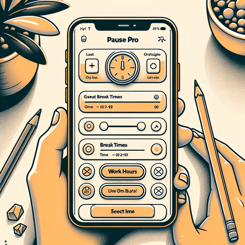 Personalized Break Schedule Screen - Illustrate a screen from the 'PausePro' app where users can set their customized break times. The layout should be intuitive and easy to navigate, with options to select work hours and preferred break intervals. - AI image generated with Art
