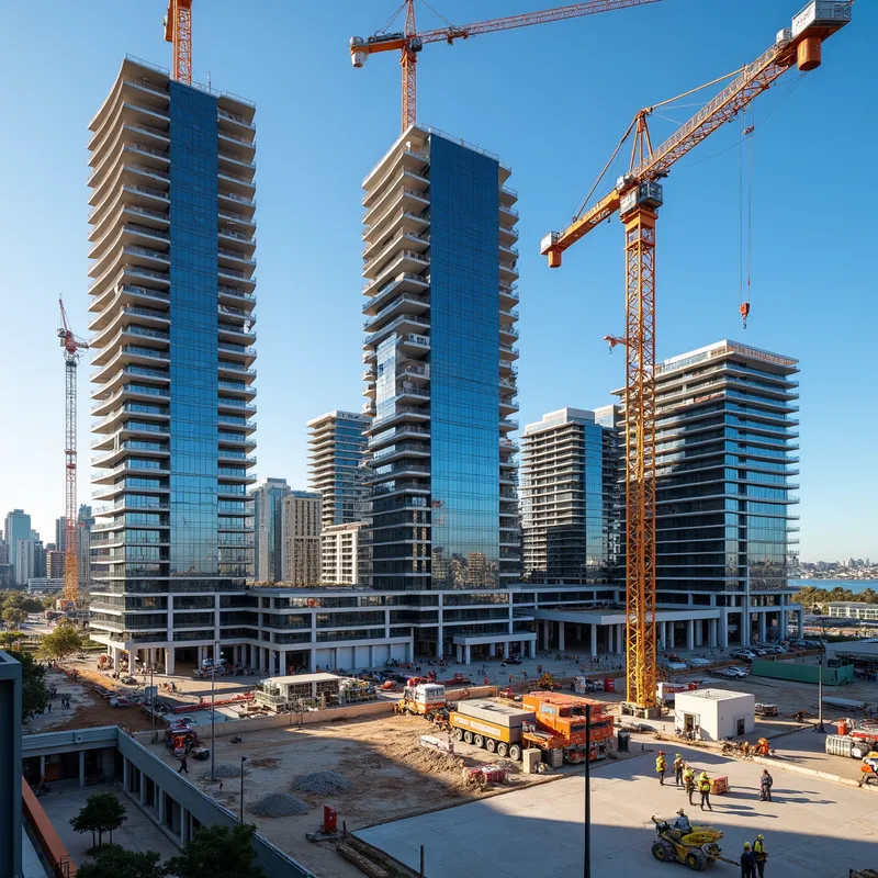Perth High-Rise Construction Site - A bustling construction site in Perth, Western Australia, featuring modern high-rise buildings under construction, cranes towering over the skyline, and workers in high-visibility clothing and helmets. The site is surrounded by urban landscape, with clear blue skies and a hint of the Swan River in the background. - AI image generated with Photorealistic 2