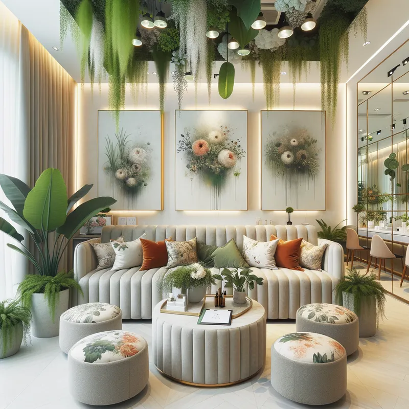 Petal Perfection Clinic - A chic clinic designed with an emphasis on floral decoration. The waiting area features plush seating with flower-patterned cushions, while the entire space is accented with indoor plants and hanging floral art pieces. - AI image generated with Art