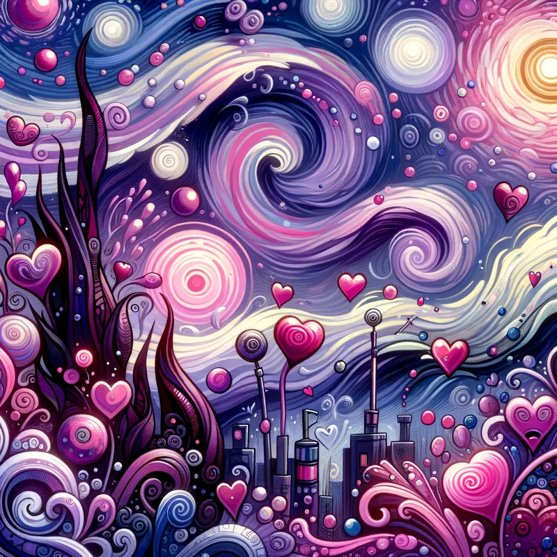 Petrichor's Embrace - Valentine's Day and david wiesner inspired petrichor with swirls of purple and pink - AI image generated with Art - cartoony, gouache technique, Van Gogh