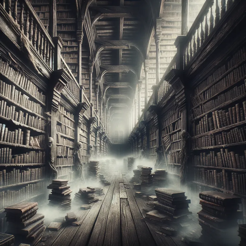 Phantom Archive - A spooky, decrepit library with rickety wooden shelves lined with old, tattered books. The atmosphere is thick with mist and an unsettling aura as spectral figures roam the aisles. - AI image generated with Art