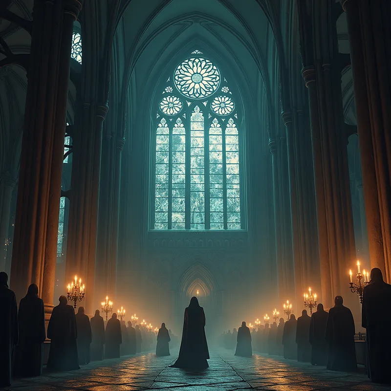 Phantom Symphony - A haunting cathedral interior, with towering stained glass windows and a ghostly choir. Dark, shadowy figures stand amidst flickering candlelight. The band's name is etched in gothic script above. Subtitle: Gothic Metal. - AI image generated with Photorealistic 2 - fantasy art