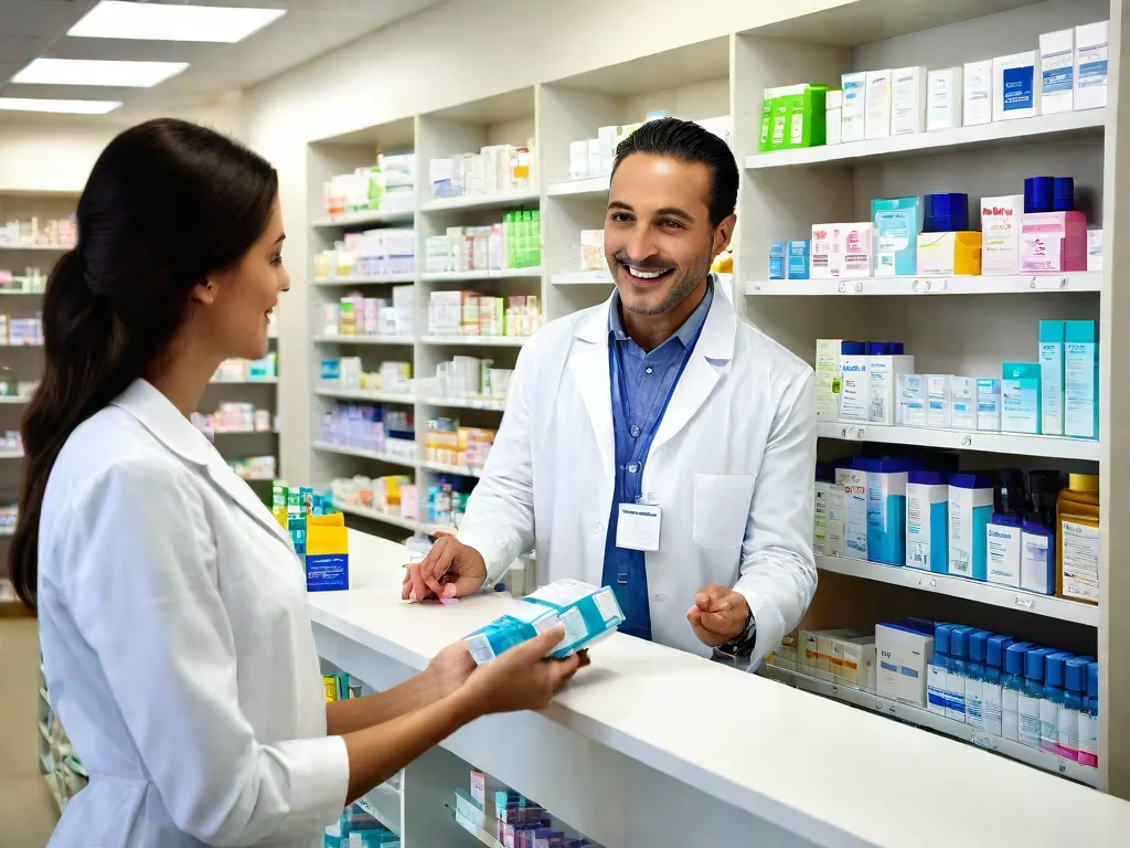Pharmacist Selling Medicine - A professional pharmacist standing behind the counter of a well-organized pharmacy, handing a medicine package to a customer. The shelves in the background are filled with various pharmaceutical products and medications. Bright lighting, a clean and modern interior, and a customer with a grateful expression add to the atmosphere of trust and care in the pharmacy. - AI image generated with Photorealistic