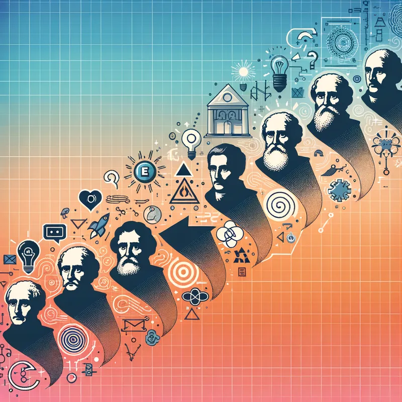 Philosophical Evolution - An abstract representation of the evolution of philosophical thought, beginning with Thomas Hobbes and ending with Peter Singer. The visual elements include a gradient background, abstract shapes, and minimalist icons to signify key themes and the progression of ideas such as revolutionary actions, existentialist thought, and ethical controversies. - AI image generated with Art