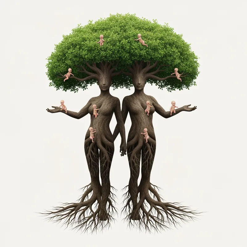 Photoreal Elder Tree Couple with Babies - A  human male and female body is a tree stretching upward with deep roots. Their age is approximately 60 years old. Four babies are born within the branches. Growing throughout the branches as if part of the tree.  which is looked after, watered, and the crown is  beautiful.  Roots and hands like branches, extremely detailed, very attractive.  - AI image generated with Imagen 4 Fast - over-the-shoulder, photorealistic