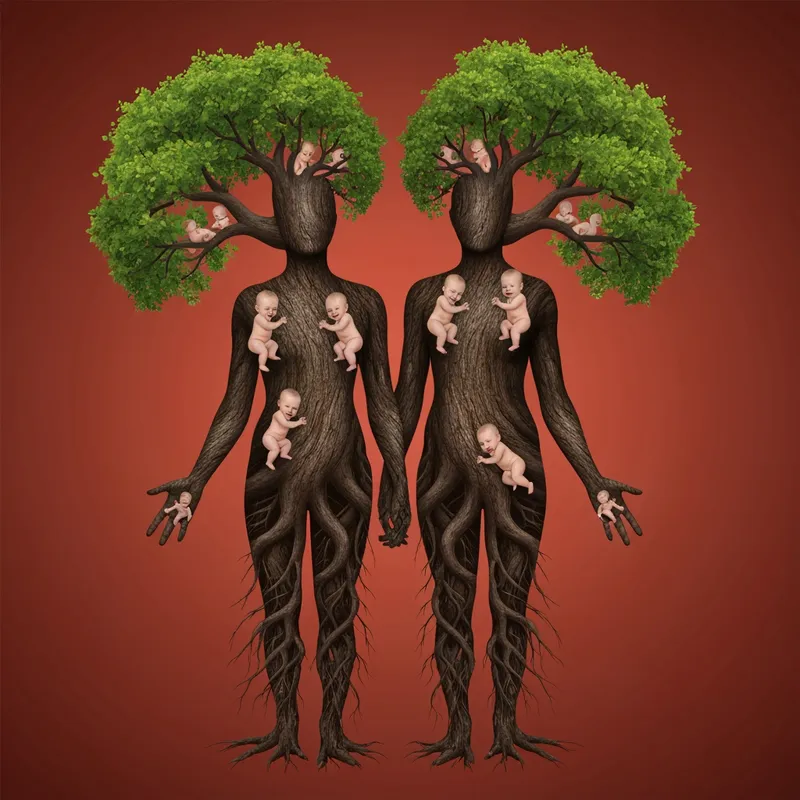 Photoreal Elder Tree Couple with Babies - A  human male and female body is a tree stretching upward with deep roots. Their age is approximately 60 years old. Four babies are born within the branches. Growing throughout the branches as if part of the tree.  which is looked after, watered, and the crown is  beautiful.  Roots and hands like branches, extremely detailed, very attractive.  - AI image generated with Imagen 4 Fast - over-the-shoulder, photorealistic
