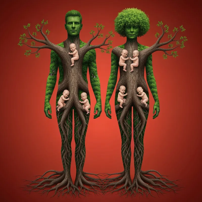 Photoreal Elder Tree Couple with Babies - A  human male and female body is a tree stretching upward with deep roots. Their age is approximately 60 years old. Four babies are born within the branches. Growing throughout the branches as if part of the tree.  which is looked after, watered, and the crown is  beautiful.  Roots and hands like branches, extremely detailed, very attractive.  - AI image generated with Imagen 4 Fast - over-the-shoulder, photorealistic