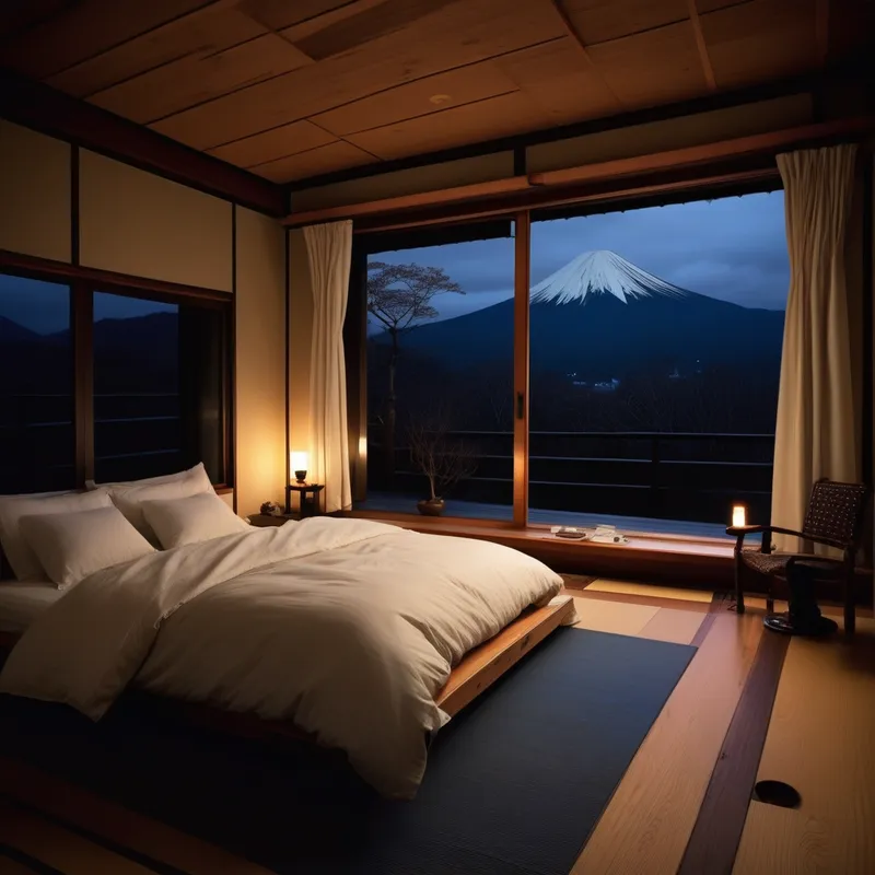 Photoreal Midnight Japanese Retreat - it’s very dark at night, almost midnight blue,… and this beautiful Japanese bedroom with wood floors and all Japanese design has a floor to ceiling window where you can see the mountains in Japan. There is ambient lighting and a nice fireplace. There’s also a bit of a fog or like a hazy bluish green and there’s fresh fluffy snow….. it’s really serene and there is an abundant amount of bambo. it’s very peaceful very ambient. - AI image generated with Photorealistic - photorealistic, master shot