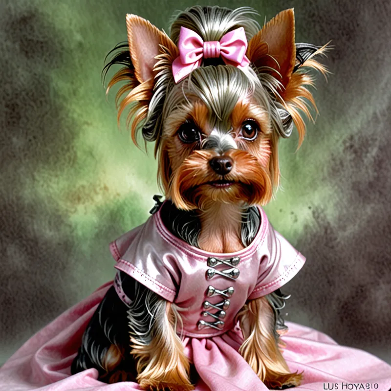 Photoreal Yorkie with Mama and Nana - little silver female yorkie in pink over-all dress with her humans mama who has strawberry blonde hair, freckles, and green eyes and nana who has silveer hair in a bun on the back of her head with brown eyes - AI image generated with Fictional - photorealistic, dynamic pose, Luis Royo