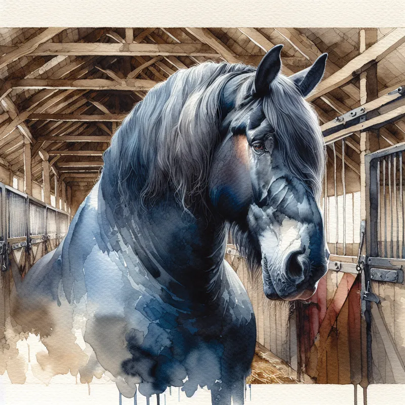 Photorealistic Blue Horse, Roached Mane - A large dark blue horse with a roached mane in a barn stable - AI image generated with DALL-E 3 - photorealistic, watercolor