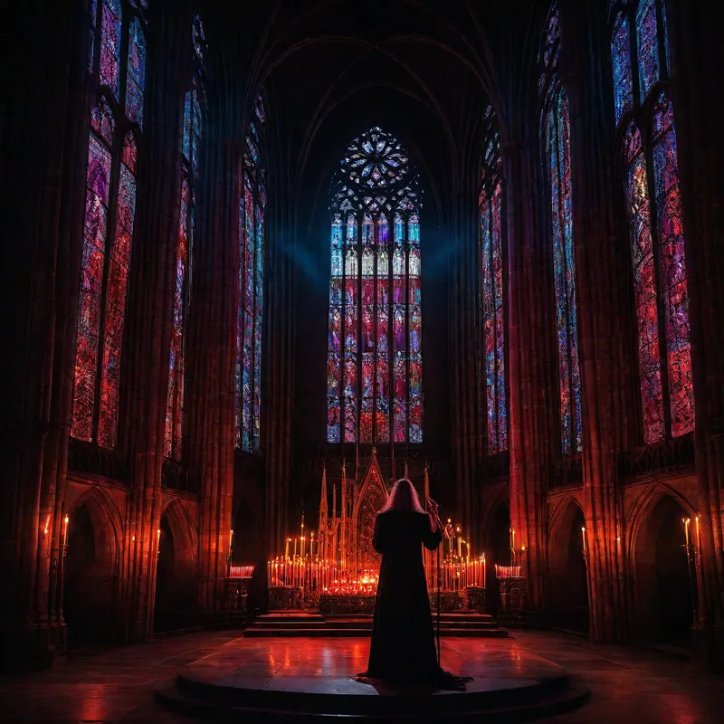 Photorealistic Cathedral Metal Ritual - Imagine a sprawling gothic cathedral interior during a night ritual illuminated solely by red candlelight casting flickering shadows across ancient stone pillars and stained glass. A heavy metal band performs fiercely on a raised stone altar stage: the intense lead singer grips the microphone with fiery determination, eyes locked forward. The guitarist and bassist vigorously headbang under shafts of multicolored light breaking through the stained glass, while the drummer thrashes with relentless energy behind them. Above all, a colossal horned demon sits imposingly on a throne of bones, its fiery orange eyes glowing like embers in the gloom, exuding dominion and dread. Surround the scene with drifting smoke, sparks, embers, and moving fog to heighten the gothic horror ambience. Render this with ultra-realistic 8K detail and cinematic lighting evocative of a dark ritualistic concert filled with epic heavy metal energy. - AI image generated with Photorealistic - photorealistic, picture of the day