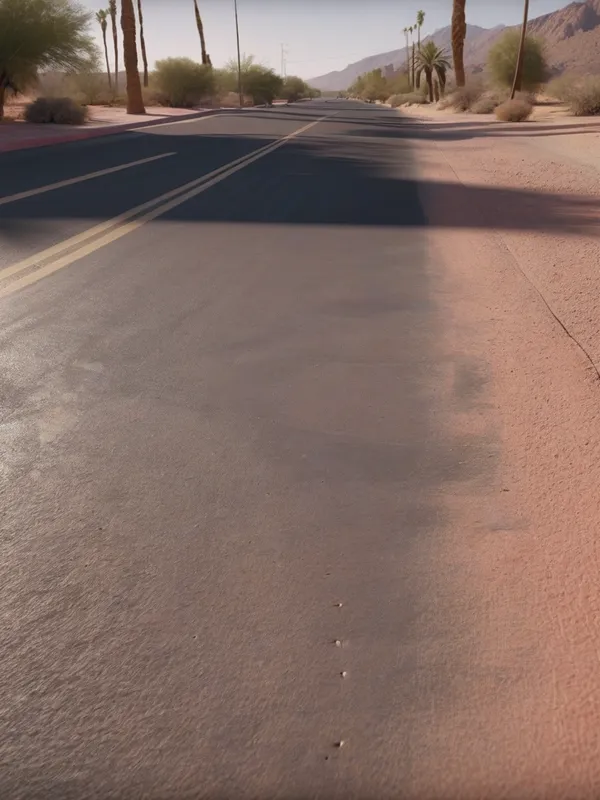 Photorealistic Cinematic Desert Street - Ultra photorealistic daytime desert street scene, heat shimmer on the asphalt, reflective highlights, strong sun, subject moving dynamically, crisp shadows, cinematic realism, high dynamic range, 8k, DSLR look - AI image generated with Photorealistic - photorealistic