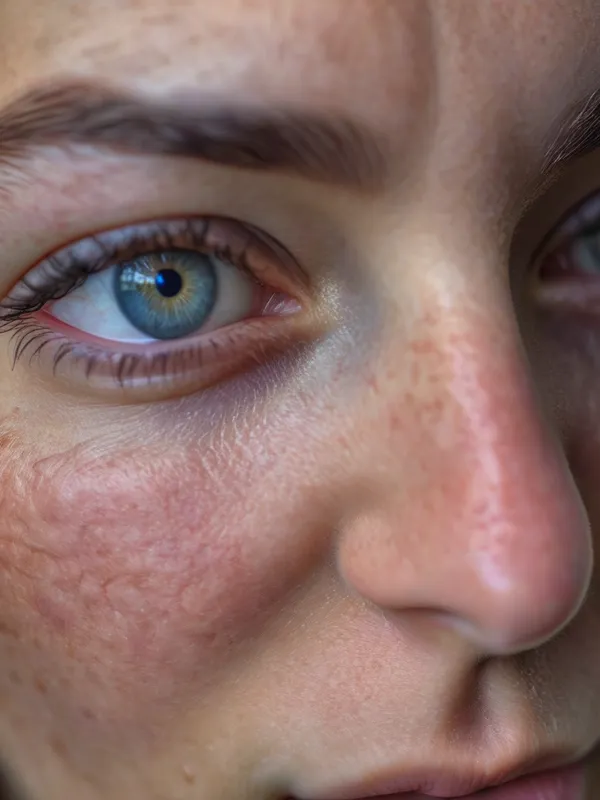 Photorealistic Close-up Portrait - Extreme close-up photorealistic portrait of a person, ultra detailed skin texture with visible pores, natural imperfections, sharp eyelashes, detailed iris reflections, soft cinematic daylight, 85mm lens look, shallow depth of field, HDR realism, crisp focus on eyes, 8k, professional DSLR photography - AI image generated with Photorealistic - photorealistic