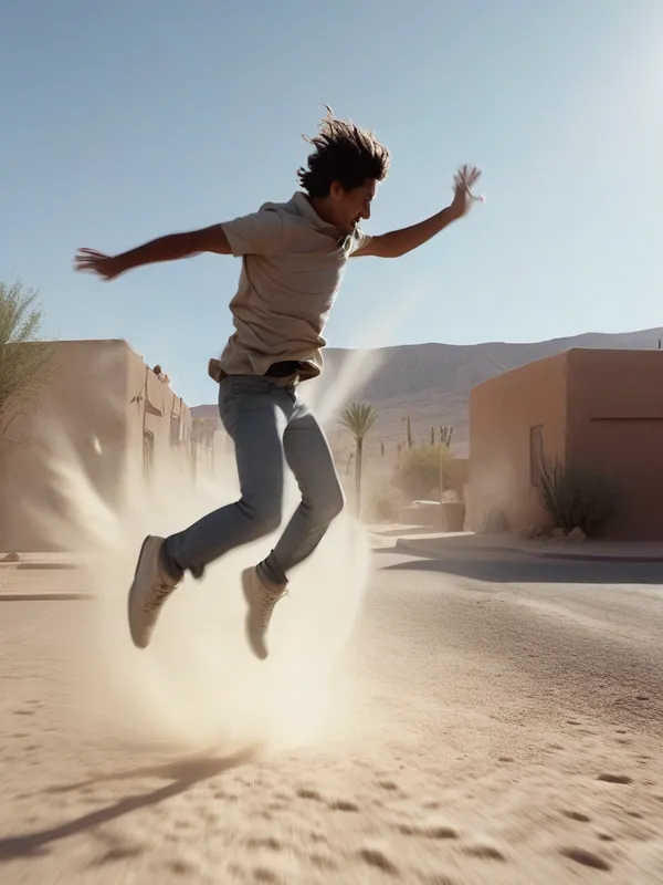 Photorealistic Desert Jump Action Shot - Photorealistic action shot of a person jumping mid-air on a desert street in daylight, frozen motion, sharp edges, sunlight creating crisp shadows, dust explosion under the feet, ultra realistic, high shutter speed look, 8k, cinematic sports photography - AI image generated with Photorealistic - photorealistic