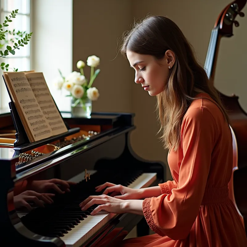 Piano Serenade - Craft an Andante composition for solo piano with influences from Bach's style. To complement the piano, include a soft background of a solo clarinet and a double bass, providing a smooth and continuous flow.