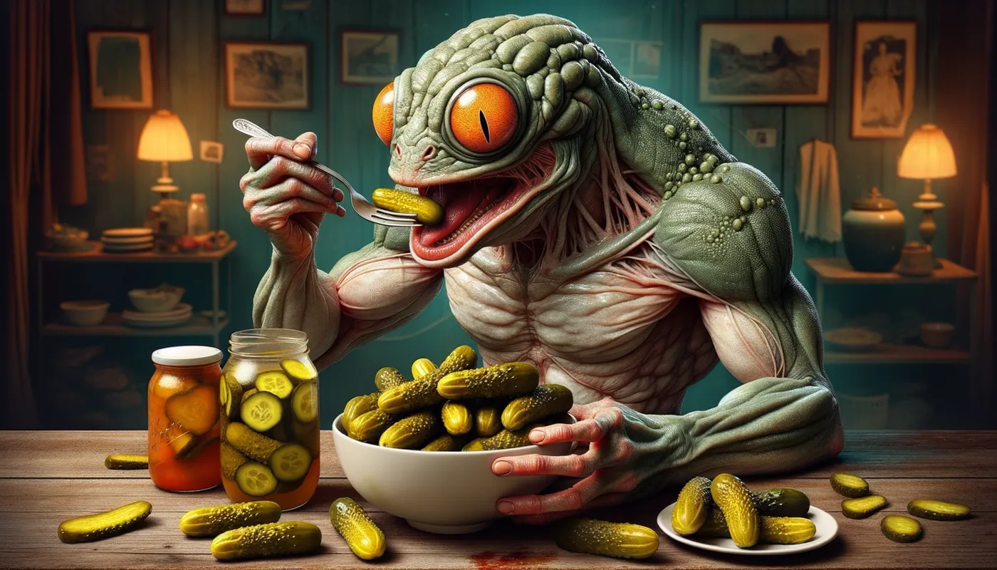 Pickle-Loving Mutant Frog - A mutant bipedal frog eating pickles - AI image generated with Art