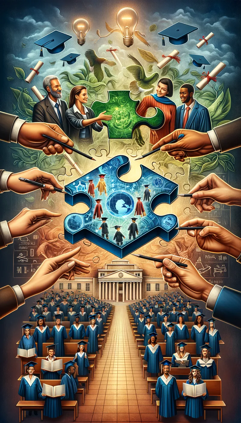 Pieces of Progress - A puzzle image showcasing the interconnected elements of faculty, collaboration, and student achievement that drive academic success at a college. - AI image generated with Art