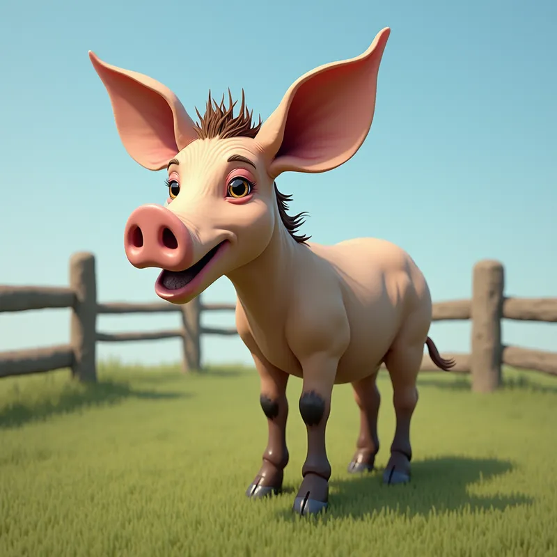 Pig-Mule Hybrid Grazing - A unique livestock creature, blending features of a pig and a mule. It has the large, floppy ears and stout body of a pig, combined with the long legs and expressive eyes of a mule. The animal is standing in a grassy field, surrounded by a wooden fence, under a blue sky. - AI image generated with Photorealistic 2