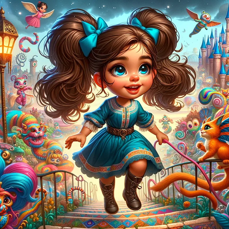 Pigtail Adventures - An imaginative and vibrant image depicting a toddler with captivating brown pigtails and captivating blue eyes, embarking on a fanciful journey filled with charming, cartoonish elements. - AI image generated with Art - cartoony