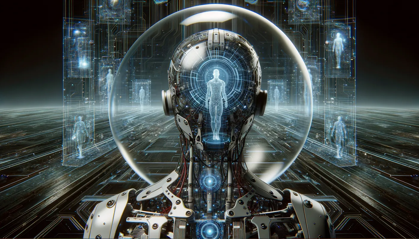 Pilot in Protective Shell - A headless robotic guardian with a spacious glass dome, housing a protective human operator, set in a high-tech environment with advanced circuitry and holograms. - AI image generated with Art