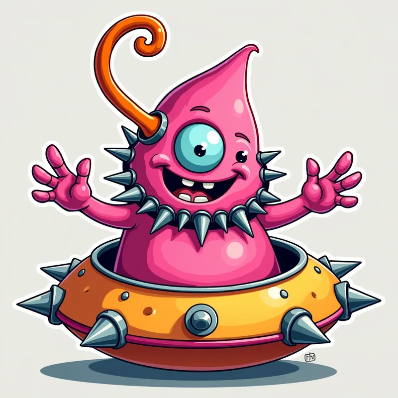 Pink Alien's Playful Welcome - Detailed line art illustration A cartoonish, bright pink alien creature, positioned centrally in the image. The creature has a bulbous, teardrop shape body, and a large, expressive, light-blue eye.  A curved, orange tube-like appendage extends from its head. It is wearing a gothic collar with enormous metal spikes sticking out of it. The creature has a cheerful, grinning expression, with visible, cartoonish teeth.  Its arms, also orange, are outstretched in a welcoming gesture. The creature is sitting in a brightly coloured spaceship with metal spokes sticking out from the sides. The background is a plain, light gray. The style is vibrant, playful, and exaggerated, with bold outlines and bright colors. The lighting is even, casting no significant shadows. The creature's pose is friendly and inviting. The overall impression is of a friendly, cartoon alien character. - AI image generated with Photorealistic 2