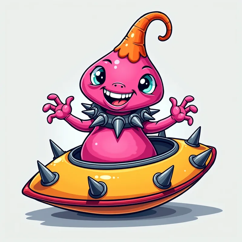 Pink Alien's Playful Welcome - Detailed line art illustration A cartoonish, bright pink alien creature, positioned centrally in the image. The creature has a bulbous, teardrop shape body, and a large, expressive, light-blue eye.  A curved, orange tube-like appendage extends from its head. It is wearing a gothic collar with enormous metal spikes sticking out of it. The creature has a cheerful, grinning expression, with visible, cartoonish teeth.  Its arms, also orange, are outstretched in a welcoming gesture. The creature is sitting in a brightly coloured spaceship with metal spokes sticking out from the sides. The background is a plain, light gray. The style is vibrant, playful, and exaggerated, with bold outlines and bright colors. The lighting is even, casting no significant shadows. The creature's pose is friendly and inviting. The overall impression is of a friendly, cartoon alien character. - AI image generated with Photorealistic 2
