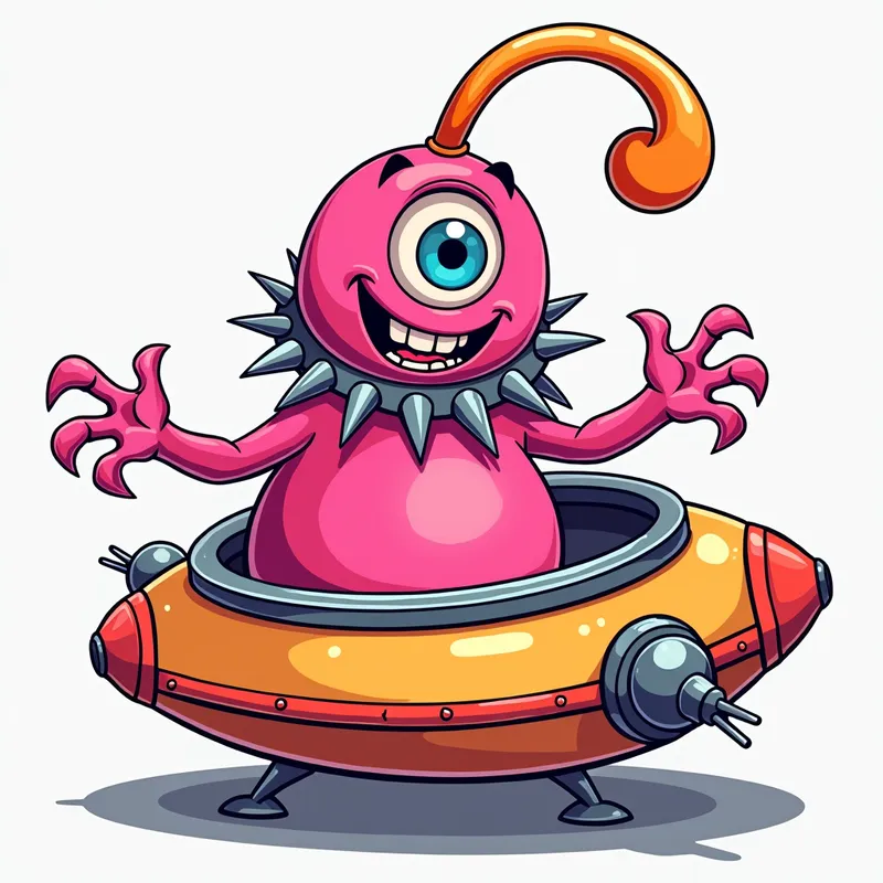 Pink Alien's Playful Welcome - Detailed line art illustration A cartoonish, bright pink alien creature, positioned centrally in the image. The creature has a bulbous, teardrop shape body, and a large, expressive, light-blue eye. A curved, orange tube-like appendage extends from its head. It is wearing a gothic collar with enormous metal spikes sticking out of it. The creature has a cheerful, grinning expression, with visible, cartoonish teeth. Its arms, also orange, are outstretched in a welcoming gesture. The creature is sitting in a brightly coloured spaceship with metal spokes sticking out from the sides. The background is a plain, light gray. The style is vibrant, playful, and exaggerated, with bold outlines and bright colors. The lighting is even, casting no significant shadows. The creature's pose is friendly and inviting. The overall impression is of a friendly, cartoon alien character. - AI image generated with Photorealistic 2