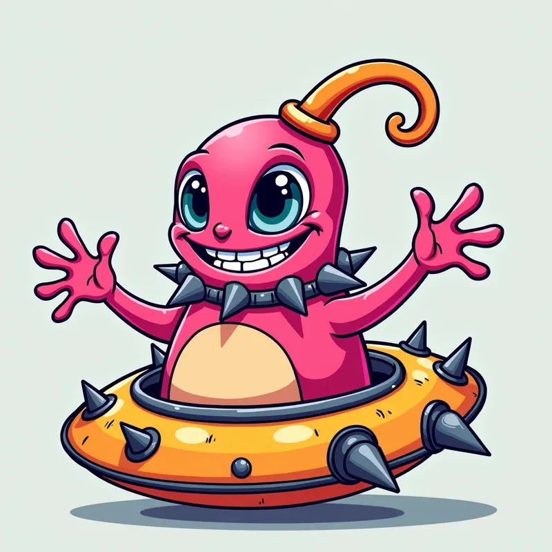 Pink Alien's Playful Welcome - Detailed line art illustration A cartoonish, bright pink alien creature, positioned centrally in the image. The creature has a bulbous, teardrop shape body, and a large, expressive, light-blue eye.  A curved, orange tube-like appendage extends from its head. It is wearing a gothic collar with enormous metal spikes sticking out of it. The creature has a cheerful, grinning expression, with visible, cartoonish teeth.  Its arms, also orange, are outstretched in a welcoming gesture. The creature is sitting in a brightly coloured spaceship with metal spokes sticking out from the sides. The background is a plain, light gray. The style is vibrant, playful, and exaggerated, with bold outlines and bright colors. The lighting is even, casting no significant shadows. The creature's pose is friendly and inviting. The overall impression is of a friendly, cartoon alien character. - AI image generated with Photorealistic 2