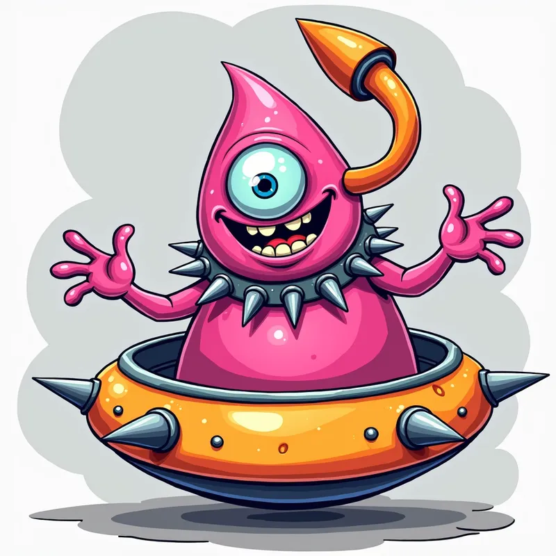 Pink Alien's Playful Welcome - Detailed line art illustration A cartoonish, bright pink alien creature, positioned centrally in the image. The creature has a bulbous, teardrop shape body, and a large, expressive, light-blue eye.  A curved, orange tube-like appendage extends from its head. It is wearing a gothic collar with enormous metal spikes sticking out of it. The creature has a cheerful, grinning expression, with visible, cartoonish teeth.  Its arms, also orange, are outstretched in a welcoming gesture. The creature is sitting in a brightly coloured spaceship with metal spokes sticking out from the sides. The background is a plain, light gray. The style is vibrant, playful, and exaggerated, with bold outlines and bright colors. The lighting is even, casting no significant shadows. The creature's pose is friendly and inviting. The overall impression is of a friendly, cartoon alien character. - AI image generated with Photorealistic 2