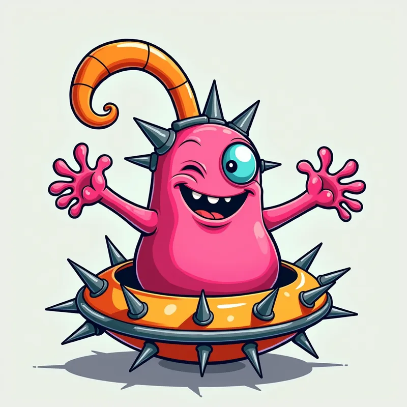 Pink Alien's Playful Welcome - Detailed line art illustration A cartoonish, bright pink alien creature, positioned centrally in the image. The creature has a bulbous, teardrop shape body, and a large, expressive, light-blue eye. A curved, orange tube-like appendage extends from its head. It is wearing a gothic collar with enormous metal spikes sticking out of it. The creature has a cheerful, grinning expression, with visible, cartoonish teeth. Its arms, also orange, are outstretched in a welcoming gesture. The creature is sitting in a brightly coloured spaceship with metal spokes sticking out from the sides. The background is a plain, light gray. The style is vibrant, playful, and exaggerated, with bold outlines and bright colors. The lighting is even, casting no significant shadows. The creature's pose is friendly and inviting. The overall impression is of a friendly, cartoon alien character. - AI image generated with Photorealistic 2