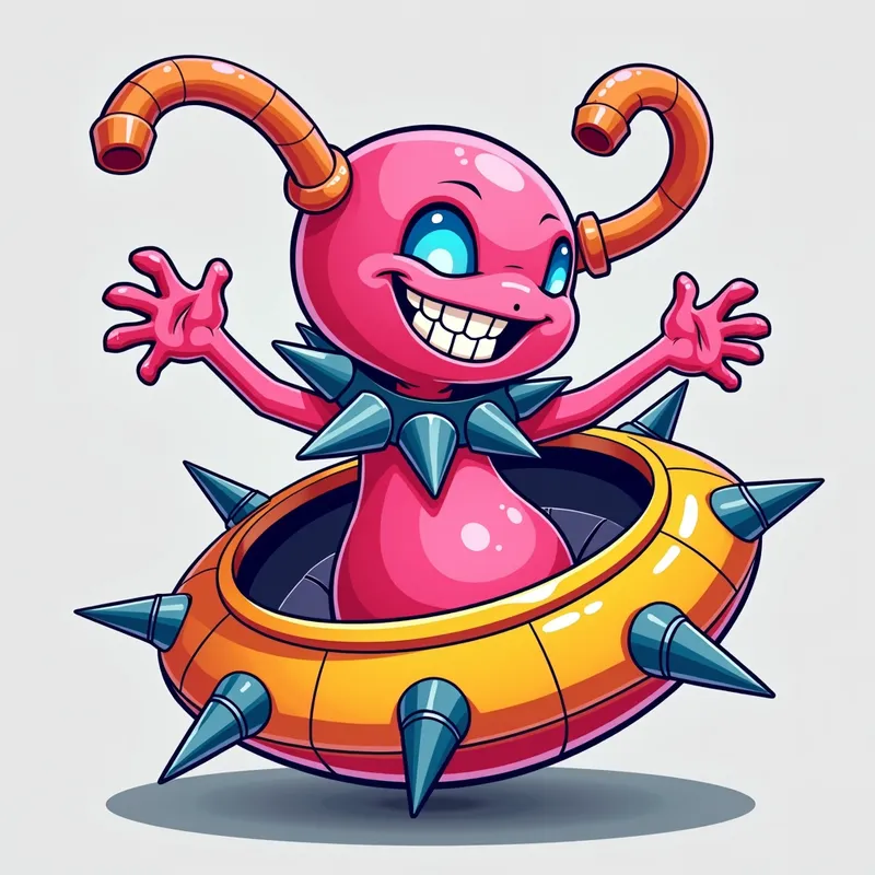 Pink Alien's Playful Welcome - Detailed line art illustration A cartoonish, bright pink alien creature, positioned centrally in the image. The creature has a bulbous, teardrop shape body, and a large, expressive, light-blue eye.  A curved, orange tube-like appendage extends from its head. It is wearing a gothic collar with enormous metal spikes sticking out of it. The creature has a cheerful, grinning expression, with visible, cartoonish teeth.  Its arms, also orange, are outstretched in a welcoming gesture. The creature is sitting in a brightly coloured spaceship with metal spokes sticking out from the sides. The background is a plain, light gray. The style is vibrant, playful, and exaggerated, with bold outlines and bright colors. The lighting is even, casting no significant shadows. The creature's pose is friendly and inviting. The overall impression is of a friendly, cartoon alien character. - AI image generated with Photorealistic 2