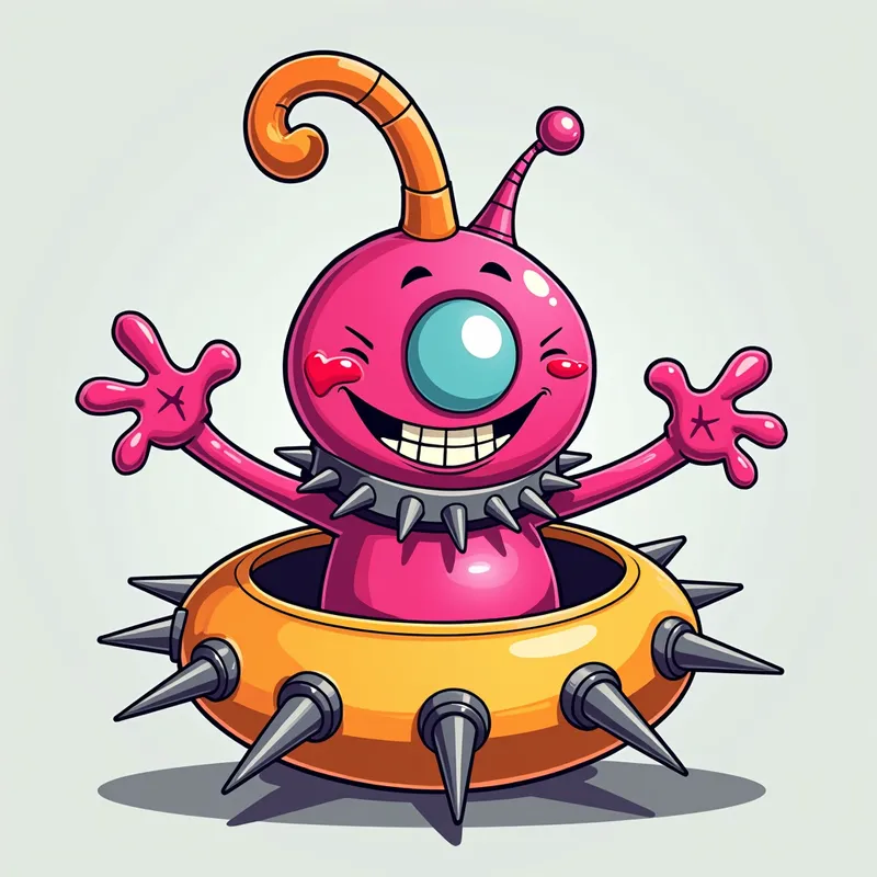 Pink Alien's Playful Welcome - Detailed line art illustration A cartoonish, bright pink alien creature, positioned centrally in the image. The creature has a bulbous, teardrop shape body, and a large, expressive, light-blue eye. A curved, orange tube-like appendage extends from its head. It is wearing a gothic collar with enormous metal spikes sticking out of it. The creature has a cheerful, grinning expression, with visible, cartoonish teeth. Its arms, also orange, are outstretched in a welcoming gesture. The creature is sitting in a brightly coloured spaceship with metal spokes sticking out from the sides. The background is a plain, light gray. The style is vibrant, playful, and exaggerated, with bold outlines and bright colors. The lighting is even, casting no significant shadows. The creature's pose is friendly and inviting. The overall impression is of a friendly, cartoon alien character. - AI image generated with Photorealistic 2