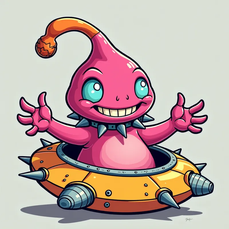 Pink Alien's Playful Welcome - Detailed line art illustration A cartoonish, bright pink alien creature, positioned centrally in the image. The creature has a bulbous, teardrop shape body, and a large, expressive, light-blue eye. A curved, orange tube-like appendage extends from its head. It is wearing a gothic collar with enormous metal spikes sticking out of it. The creature has a cheerful, grinning expression, with visible, cartoonish teeth. Its arms, also orange, are outstretched in a welcoming gesture. The creature is sitting in a brightly coloured spaceship with metal spokes sticking out from the sides. The background is a plain, light gray. The style is vibrant, playful, and exaggerated, with bold outlines and bright colors. The lighting is even, casting no significant shadows. The creature's pose is friendly and inviting. The overall impression is of a friendly, cartoon alien character. - AI image generated with Photorealistic 2