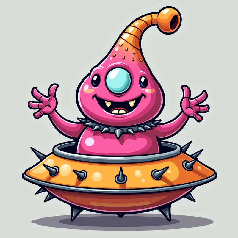 Pink Alien's Playful Welcome - Detailed line art illustration A cartoonish, bright pink alien creature, positioned centrally in the image. The creature has a bulbous, teardrop shape body, and a large, expressive, light-blue eye.  A curved, orange tube-like appendage extends from its head. It is wearing a gothic collar with enormous metal spikes sticking out of it. The creature has a cheerful, grinning expression, with visible, cartoonish teeth.  Its arms, also orange, are outstretched in a welcoming gesture. The creature is sitting in a brightly coloured spaceship with metal spokes sticking out from the sides. The background is a plain, light gray. The style is vibrant, playful, and exaggerated, with bold outlines and bright colors. The lighting is even, casting no significant shadows. The creature's pose is friendly and inviting. The overall impression is of a friendly, cartoon alien character. - AI image generated with Photorealistic 2