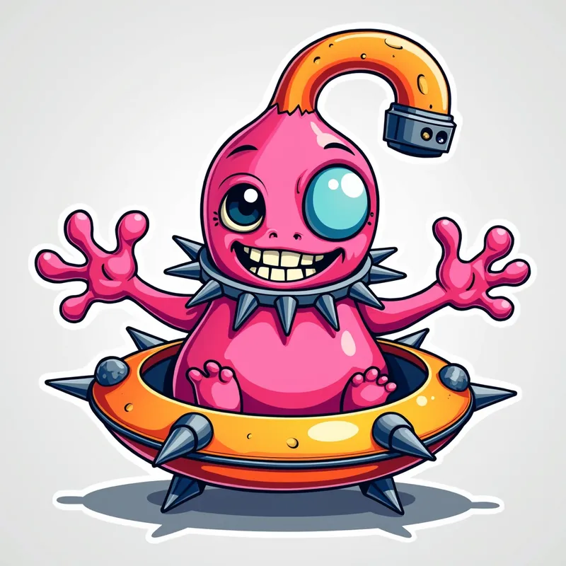 Pink Alien's Playful Welcome - Detailed line art illustration A cartoonish, bright pink alien creature, positioned centrally in the image. The creature has a bulbous, teardrop shape body, and a large, expressive, light-blue eye.  A curved, orange tube-like appendage extends from its head. It is wearing a gothic collar with enormous metal spikes sticking out of it. The creature has a cheerful, grinning expression, with visible, cartoonish teeth.  Its arms, also orange, are outstretched in a welcoming gesture. The creature is sitting in a brightly coloured spaceship with metal spokes sticking out from the sides. The background is a plain, light gray. The style is vibrant, playful, and exaggerated, with bold outlines and bright colors. The lighting is even, casting no significant shadows. The creature's pose is friendly and inviting. The overall impression is of a friendly, cartoon alien character. - AI image generated with Photorealistic 2