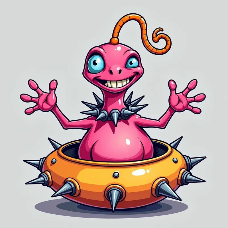 Pink Alien's Playful Welcome - Detailed line art illustration A cartoonish, bright pink alien creature, positioned centrally in the image. The creature has a bulbous, teardrop shape body, and a large, expressive, light-blue eye.  A curved, orange tube-like appendage extends from its head. It is wearing a gothic collar with enormous metal spikes sticking out of it. The creature has a cheerful, grinning expression, with visible, cartoonish teeth.  Its arms, also orange, are outstretched in a welcoming gesture. The creature is sitting in a brightly coloured spaceship with metal spokes sticking out from the sides. The background is a plain, light gray. The style is vibrant, playful, and exaggerated, with bold outlines and bright colors. The lighting is even, casting no significant shadows. The creature's pose is friendly and inviting. The overall impression is of a friendly, cartoon alien character. - AI image generated with Photorealistic 2