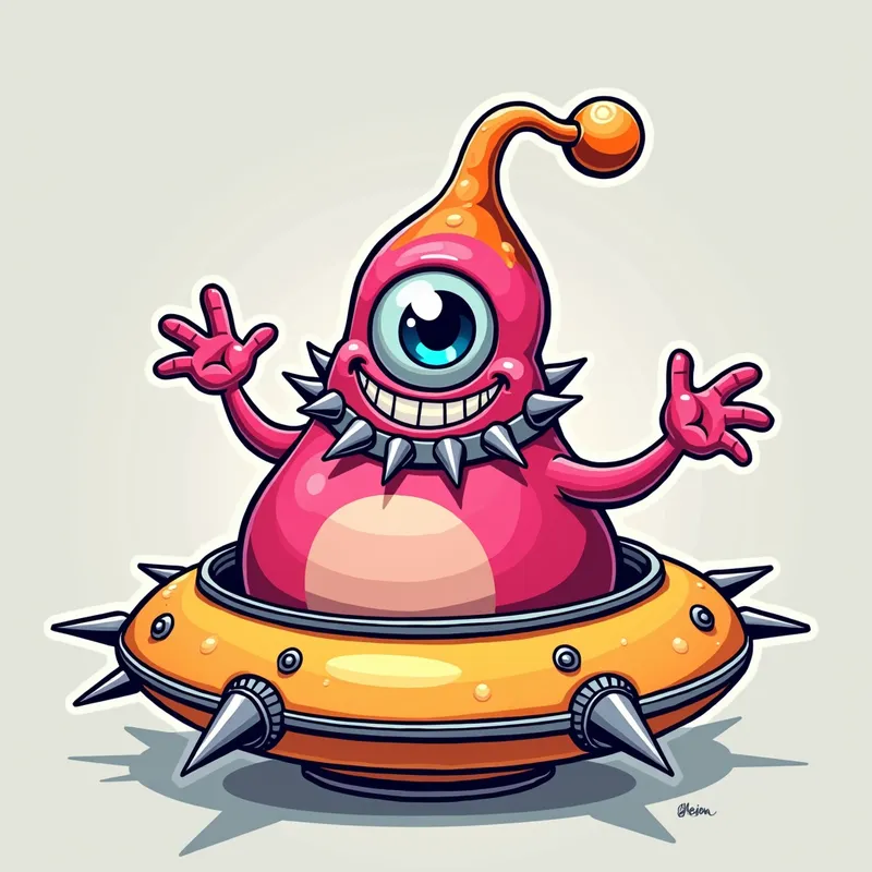 Pink Alien's Playful Welcome - Detailed line art illustration A cartoonish, bright pink alien creature, positioned centrally in the image. The creature has a bulbous, teardrop shape body, and a large, expressive, light-blue eye.  A curved, orange tube-like appendage extends from its head. It is wearing a gothic collar with enormous metal spikes sticking out of it. The creature has a cheerful, grinning expression, with visible, cartoonish teeth.  Its arms, also orange, are outstretched in a welcoming gesture. The creature is sitting in a brightly coloured spaceship with metal spokes sticking out from the sides. The background is a plain, light gray. The style is vibrant, playful, and exaggerated, with bold outlines and bright colors. The lighting is even, casting no significant shadows. The creature's pose is friendly and inviting. The overall impression is of a friendly, cartoon alien character. - AI image generated with Photorealistic 2