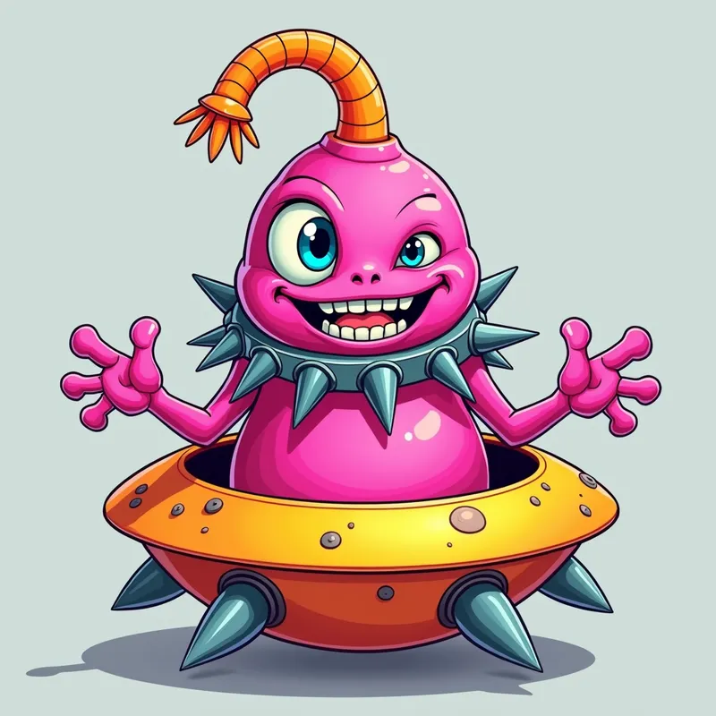 Pink Alien's Playful Welcome - Detailed line art illustration A cartoonish, bright pink alien creature, positioned centrally in the image. The creature has a bulbous, teardrop shape body, and a large, expressive, light-blue eye.  A curved, orange tube-like appendage extends from its head. It is wearing a gothic collar with enormous metal spikes sticking out of it. The creature has a cheerful, grinning expression, with visible, cartoonish teeth.  Its arms, also orange, are outstretched in a welcoming gesture. The creature is sitting in a brightly coloured spaceship with metal spokes sticking out from the sides. The background is a plain, light gray. The style is vibrant, playful, and exaggerated, with bold outlines and bright colors. The lighting is even, casting no significant shadows. The creature's pose is friendly and inviting. The overall impression is of a friendly, cartoon alien character. - AI image generated with Photorealistic 2