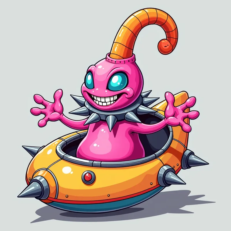Pink Alien's Playful Welcome - Detailed line art illustration A cartoonish, bright pink alien creature, positioned centrally in the image. The creature has a bulbous, teardrop shape body, and a large, expressive, light-blue eye.  A curved, orange tube-like appendage extends from its head. It is wearing a gothic collar with enormous metal spikes sticking out of it. The creature has a cheerful, grinning expression, with visible, cartoonish teeth.  Its arms, also orange, are outstretched in a welcoming gesture. The creature is sitting in a brightly coloured spaceship with metal spokes sticking out from the sides. The background is a plain, light gray. The style is vibrant, playful, and exaggerated, with bold outlines and bright colors. The lighting is even, casting no significant shadows. The creature's pose is friendly and inviting. The overall impression is of a friendly, cartoon alien character. - AI image generated with Photorealistic 2