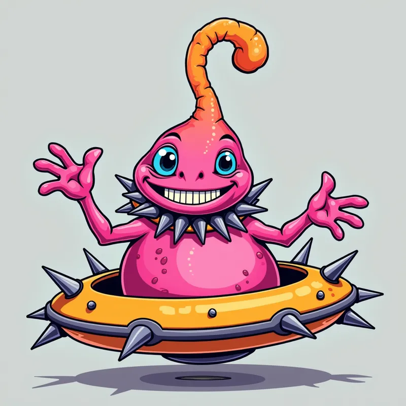 Pink Alien's Playful Welcome - Detailed line art illustration A cartoonish, bright pink alien creature, positioned centrally in the image. The creature has a bulbous, teardrop shape body, and a large, expressive, light-blue eye.  A curved, orange tube-like appendage extends from its head. It is wearing a gothic collar with enormous metal spikes sticking out of it. The creature has a cheerful, grinning expression, with visible, cartoonish teeth.  Its arms, also orange, are outstretched in a welcoming gesture. The creature is sitting in a brightly coloured spaceship with metal spokes sticking out from the sides. The background is a plain, light gray. The style is vibrant, playful, and exaggerated, with bold outlines and bright colors. The lighting is even, casting no significant shadows. The creature's pose is friendly and inviting. The overall impression is of a friendly, cartoon alien character. - AI image generated with Photorealistic 2