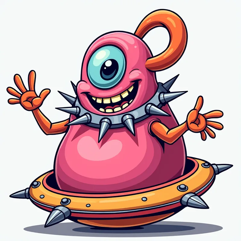 Pink Alien's Playful Welcome - Detailed line art illustration A cartoonish, bright pink alien creature, positioned centrally in the image. The creature has a bulbous, teardrop shape body, and a large, expressive, light-blue eye.  A curved, orange tube-like appendage extends from its head. It is wearing a gothic collar with enormous metal spikes sticking out of it. The creature has a cheerful, grinning expression, with visible, cartoonish teeth.  Its arms, also orange, are outstretched in a welcoming gesture. The creature is sitting in a brightly coloured spaceship with metal spokes sticking out from the sides. The background is a plain, light gray. The style is vibrant, playful, and exaggerated, with bold outlines and bright colors. The lighting is even, casting no significant shadows. The creature's pose is friendly and inviting. The overall impression is of a friendly, cartoon alien character. - AI image generated with Photorealistic 2